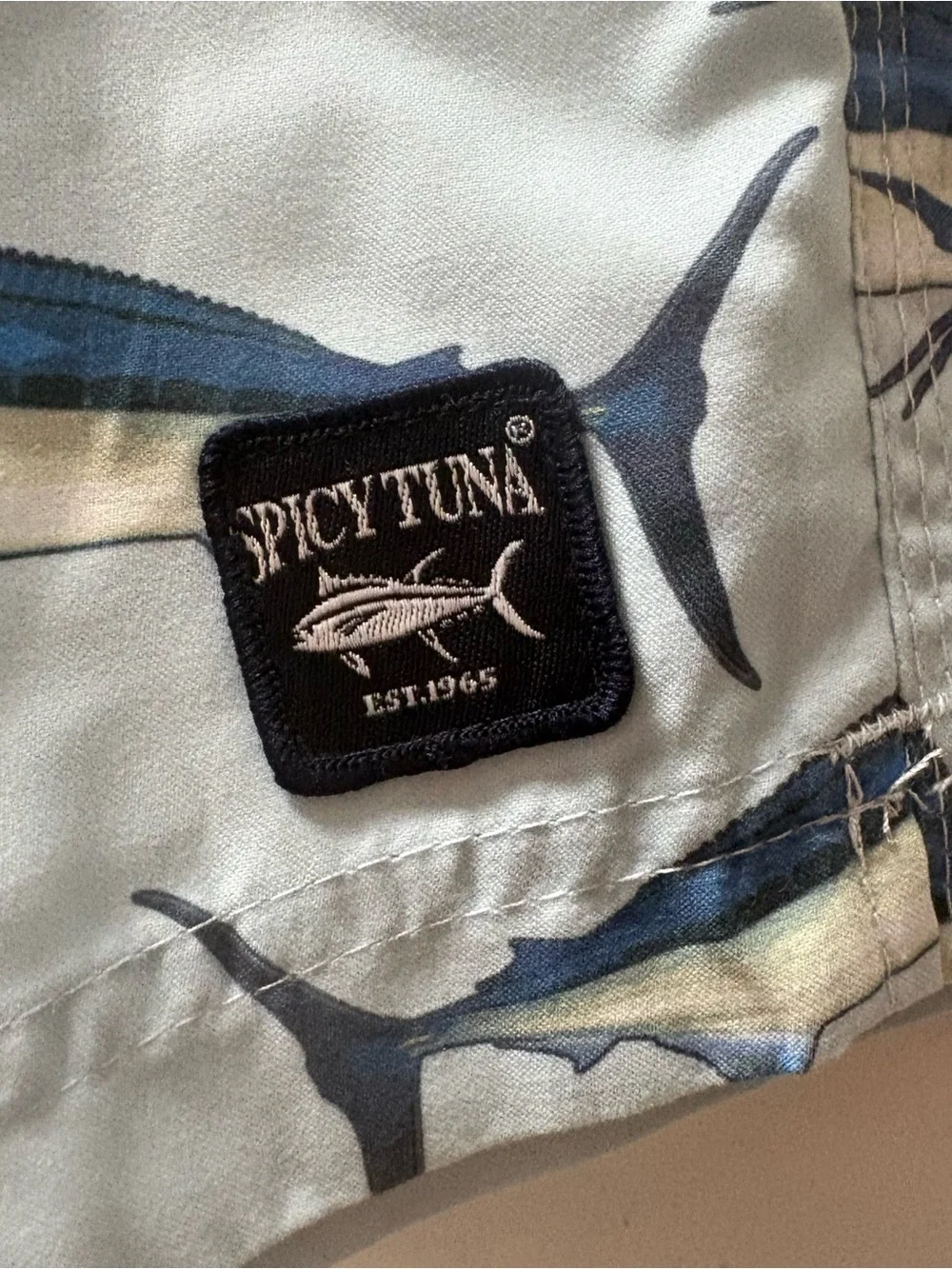 Men's Spicy Tuna Light Blue Marlin Print Swim Trunks